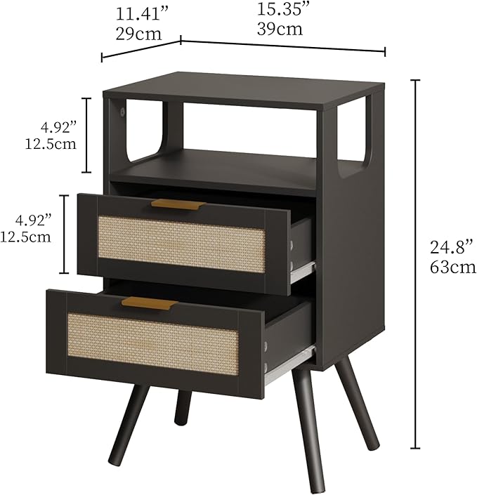 Rattan Nightstand,Farmhouse Bedside Table with 2 Storage Drawer and Open Wood...