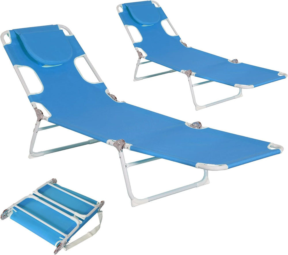 Folding Tanning Chair with Face Hole Set of 2, 3-Position Adjustable Patio Lo...