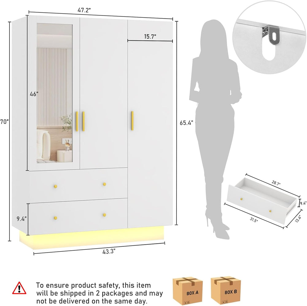 chartustriable 3 Doors Armoire Wardrobe Closet with Mirror, LED Armoire with ...