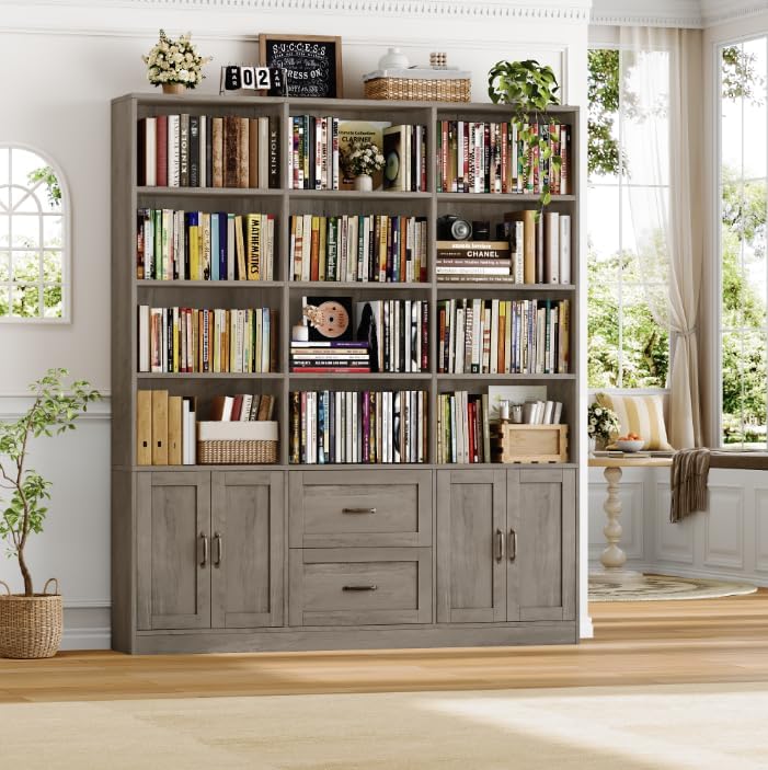 HOSTACK 71" Tall Triple Wide Bookshelf with Storage Drawers & Doors,...
