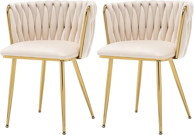 Velvet Dining Chairs Set of 2, Modern Upholstered Woven Dining Chairs with Go...