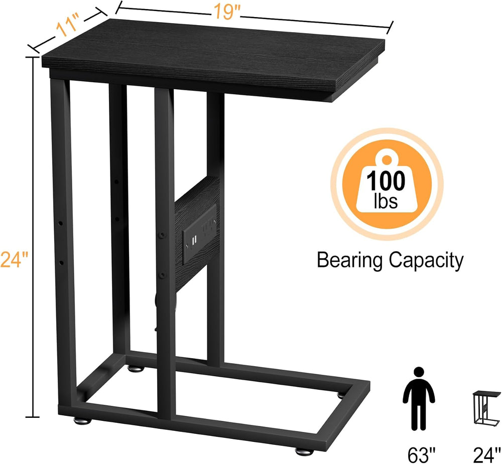 VECELO C Shaped End Table with Charging Station & Power Outlets, Quick Ac...