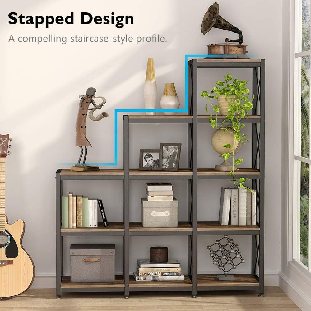 Tribesigns 12 Shelves Bookshelf, Industrial Ladder Corner Bookshelf 9 Cubes S...