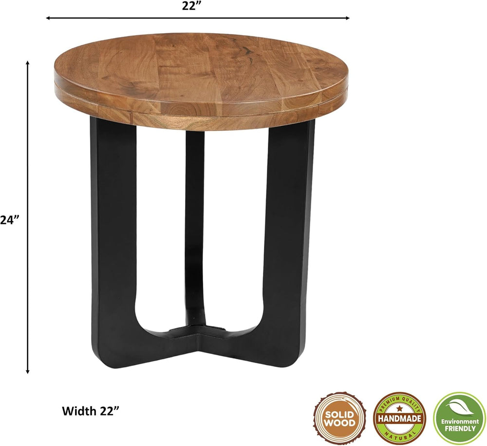 Mason Round Solid Wood End Table with Brown Top and Black Metal Base