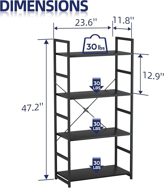 NUMENN 4 Tier Bookshelf, Tall Bookcase Shelf Storage Organizer, Modern Book S...