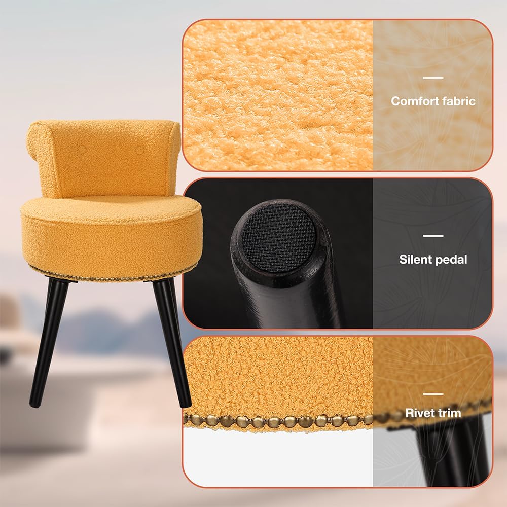 Teddy Yellow Vanity Chair with Back, Sherpa Stool with Tufted Backrest | Gold...