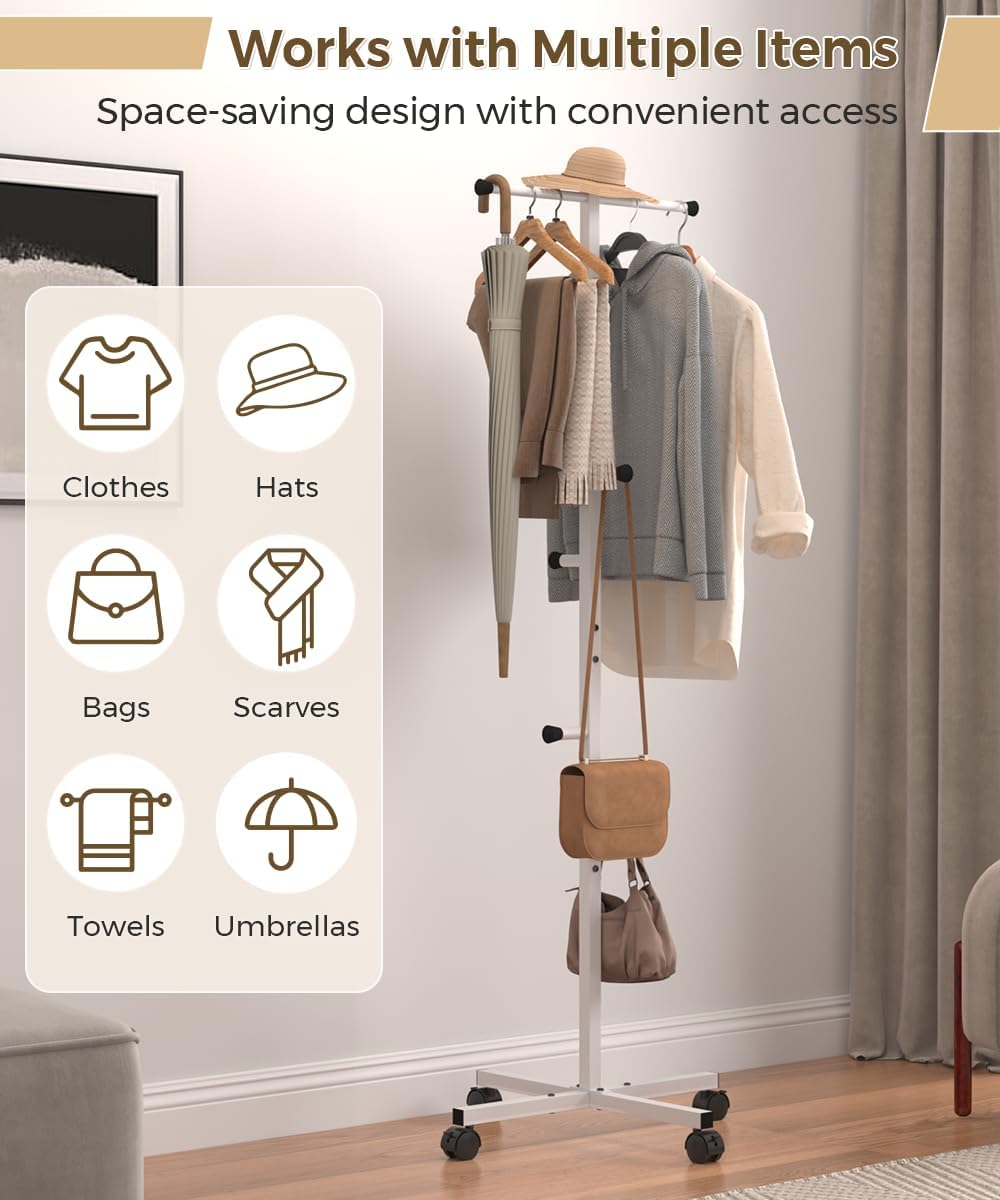 Koutemie 62" T-Shaped Coat Rack Hanger Stand Freestanding with Wheel, White
