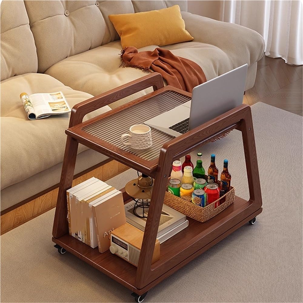 Movable Sofa Side Table with Glass, 2 Tier End Table with Wheels, Small Table...