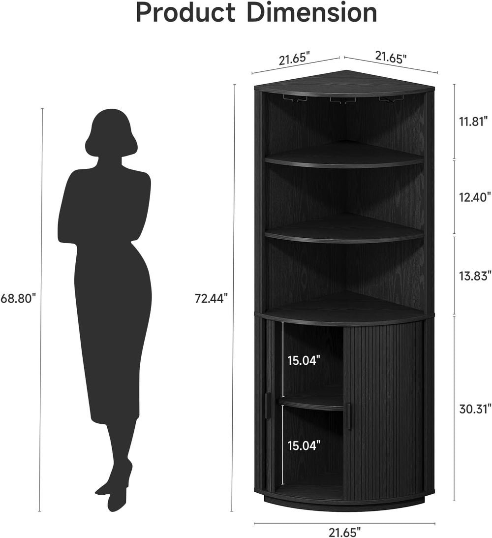 ONBRILL 72" Tall Corner Bar Cabinet with LED Light, Liquor Cabinets, Black