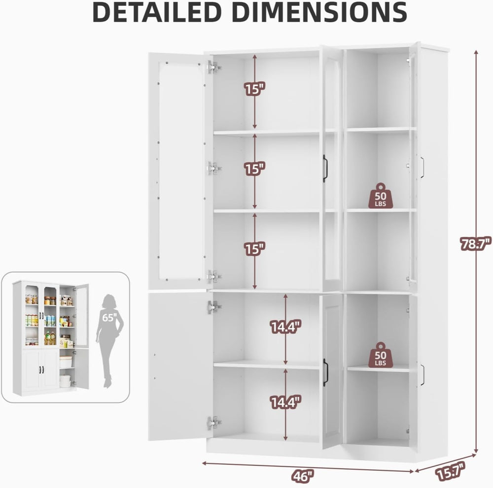 White Kitchen Pantry Cabinet, 78.7" Tall China Cabinet with Glass Doors ...
