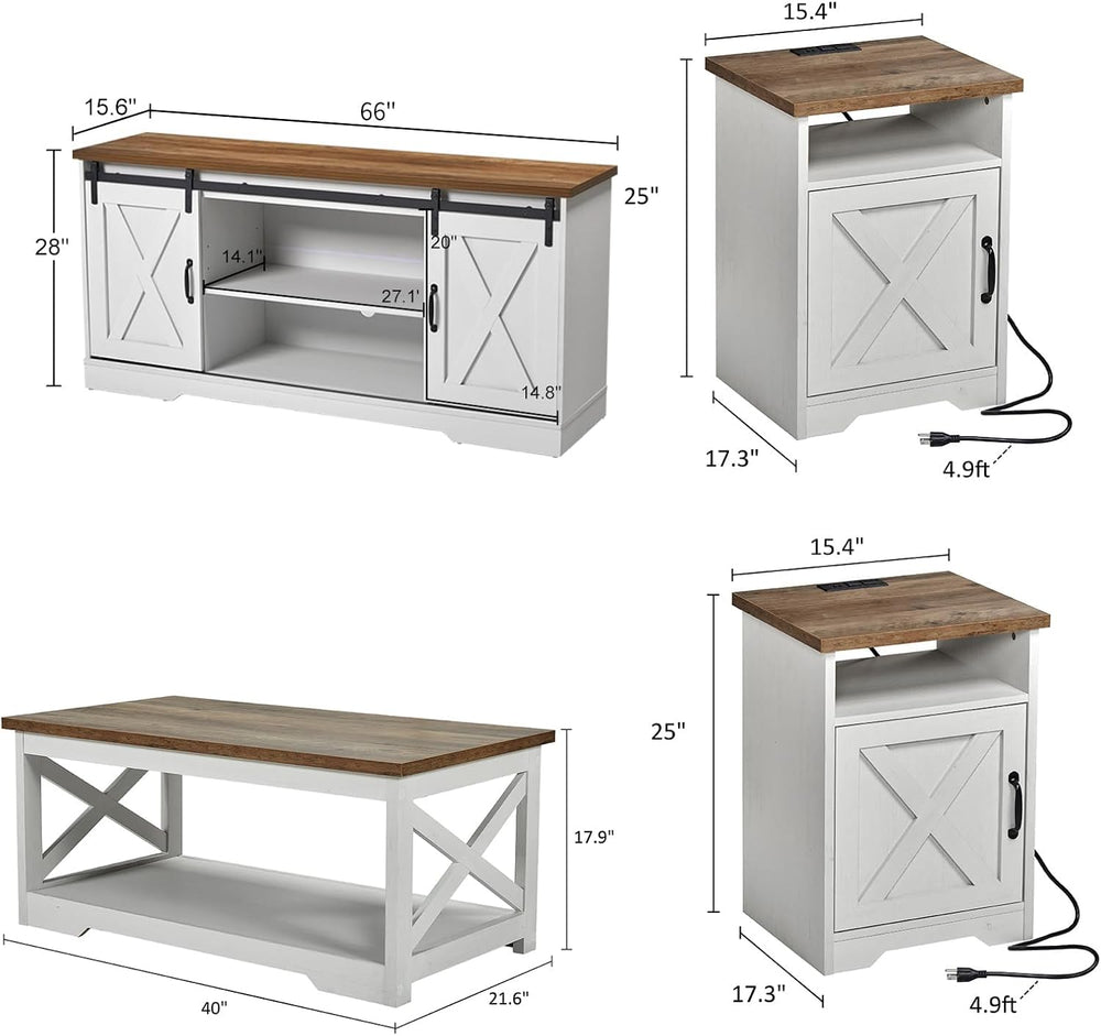 AMERLIFE 4 Piece Farmhouse Table Set with 66" TV Stand, Distressed White...