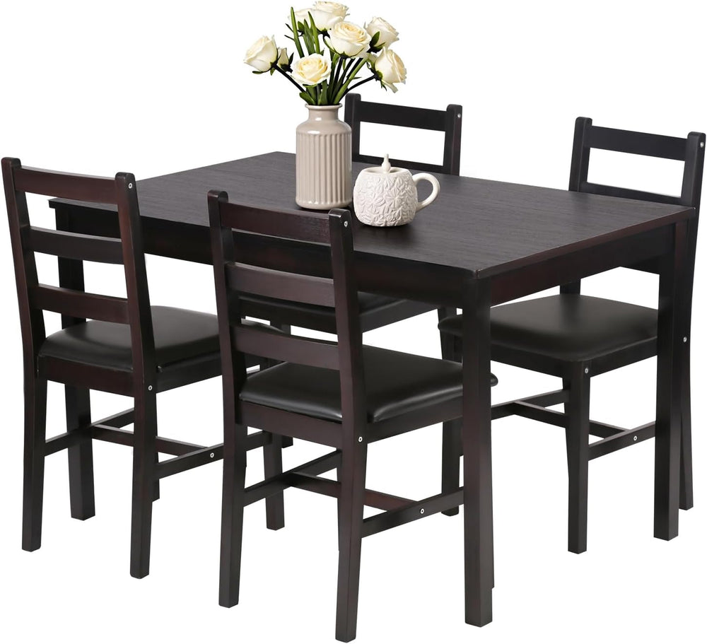 FDW | 5-Piece Solid Wood Dining Table Set for 4 | Brown | Space-Saving Design...