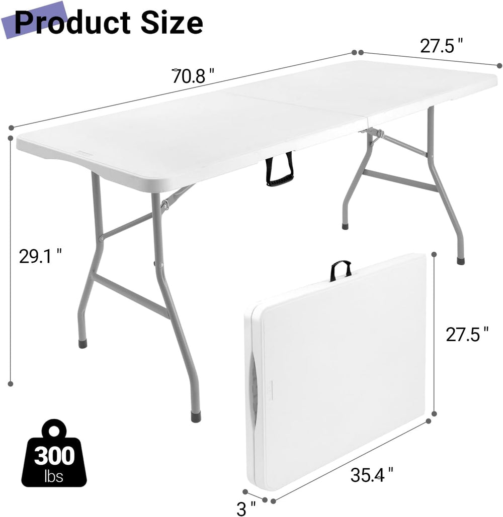 6ft Folding Table, Portable Heavy Duty Plastic Table for Party, White | Fold-...