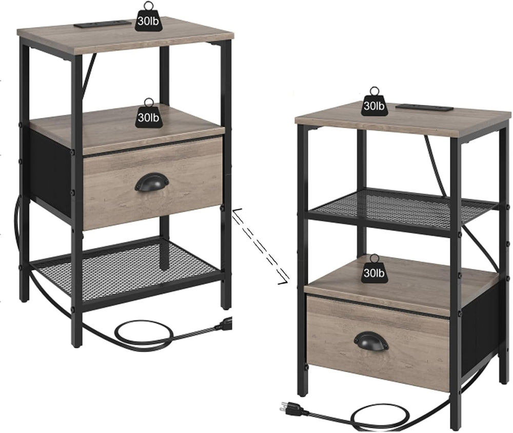 sthmec Nightstands Set of 2, Night Stands with Charging Station and Fabric Dr...