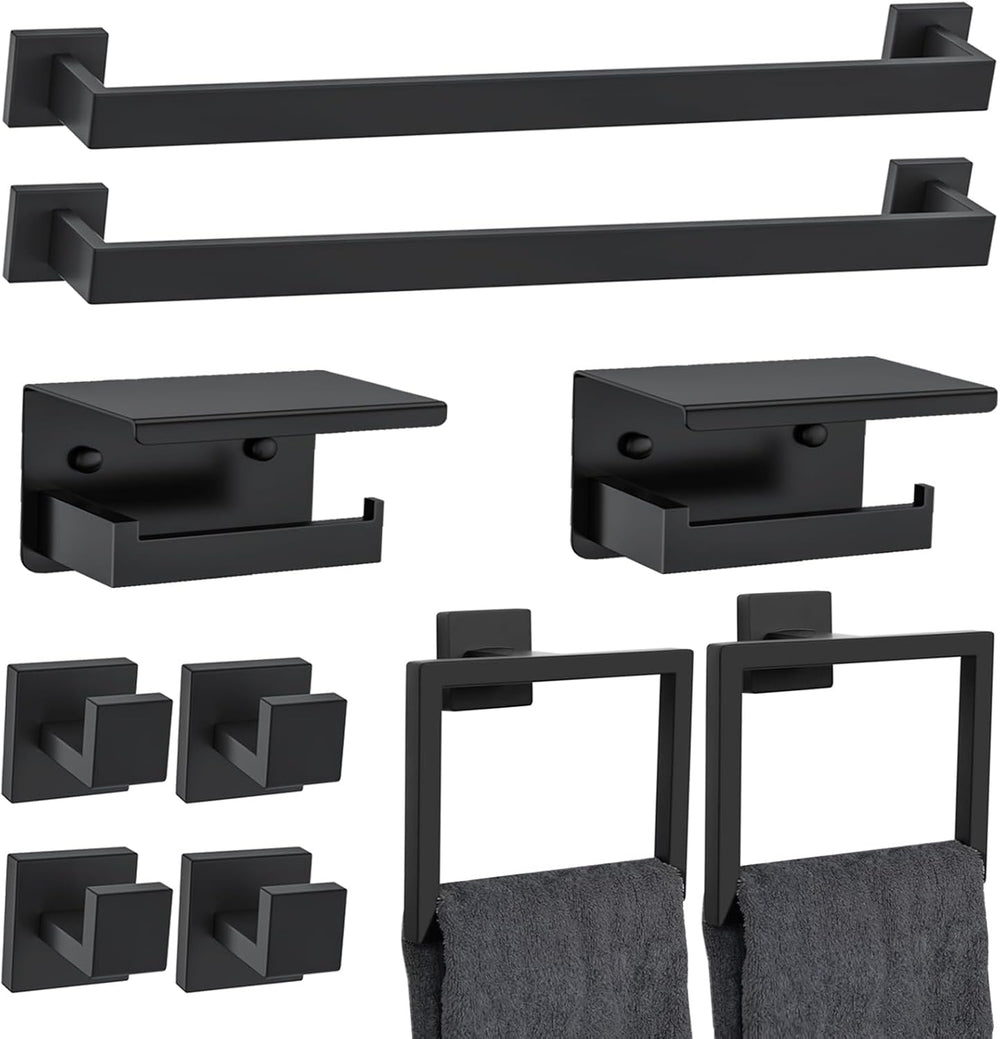 10 Pieces Black Towel Bar Set Bathroom Hardware Accessories Set Upgraded Toil...