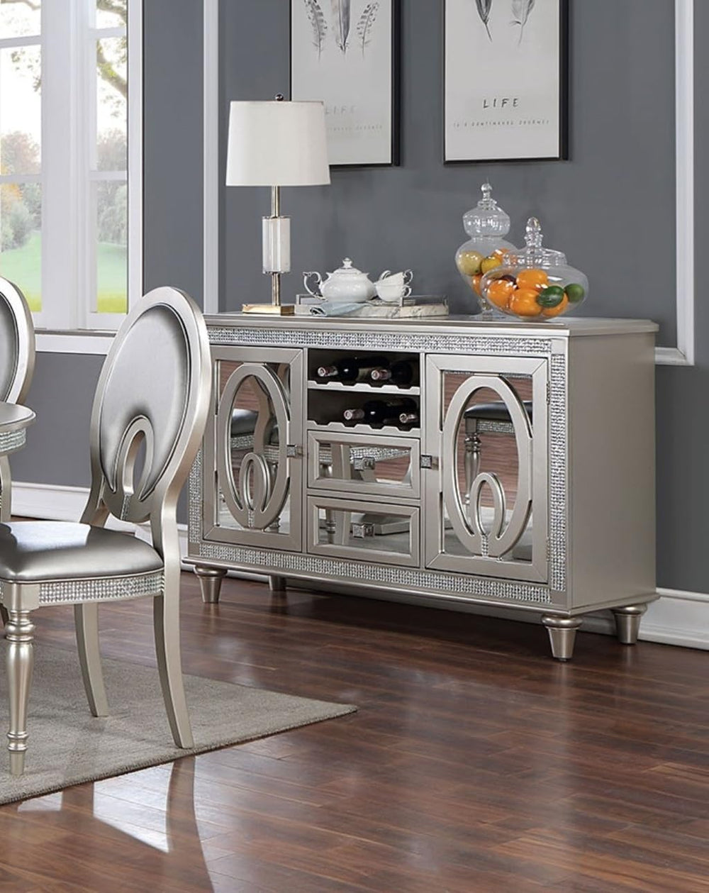 Contemporary Silver Server with Mirror Tile Accents, Mirror, Solid Wood | Mir...