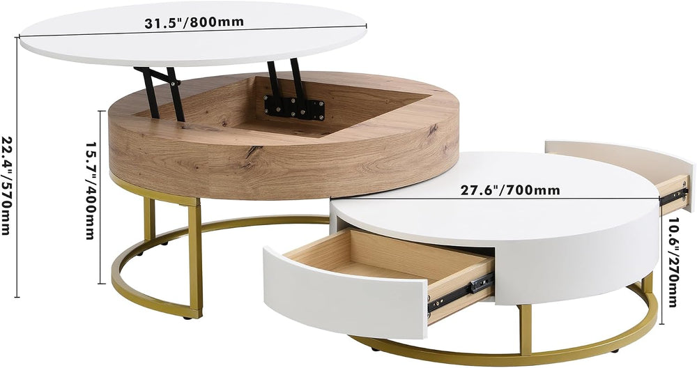 Modern Round Lift-top Nesting Coffee Tables with 2 Drawers Multiple End Table...