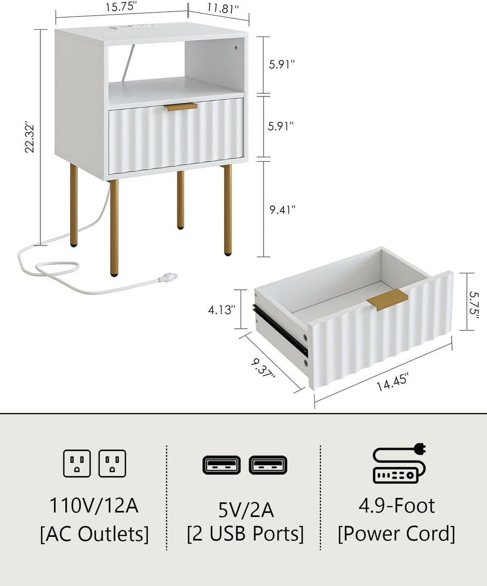 Masupu Nightstand with Charging Station,Mid-Century Modern Bedside Table with...