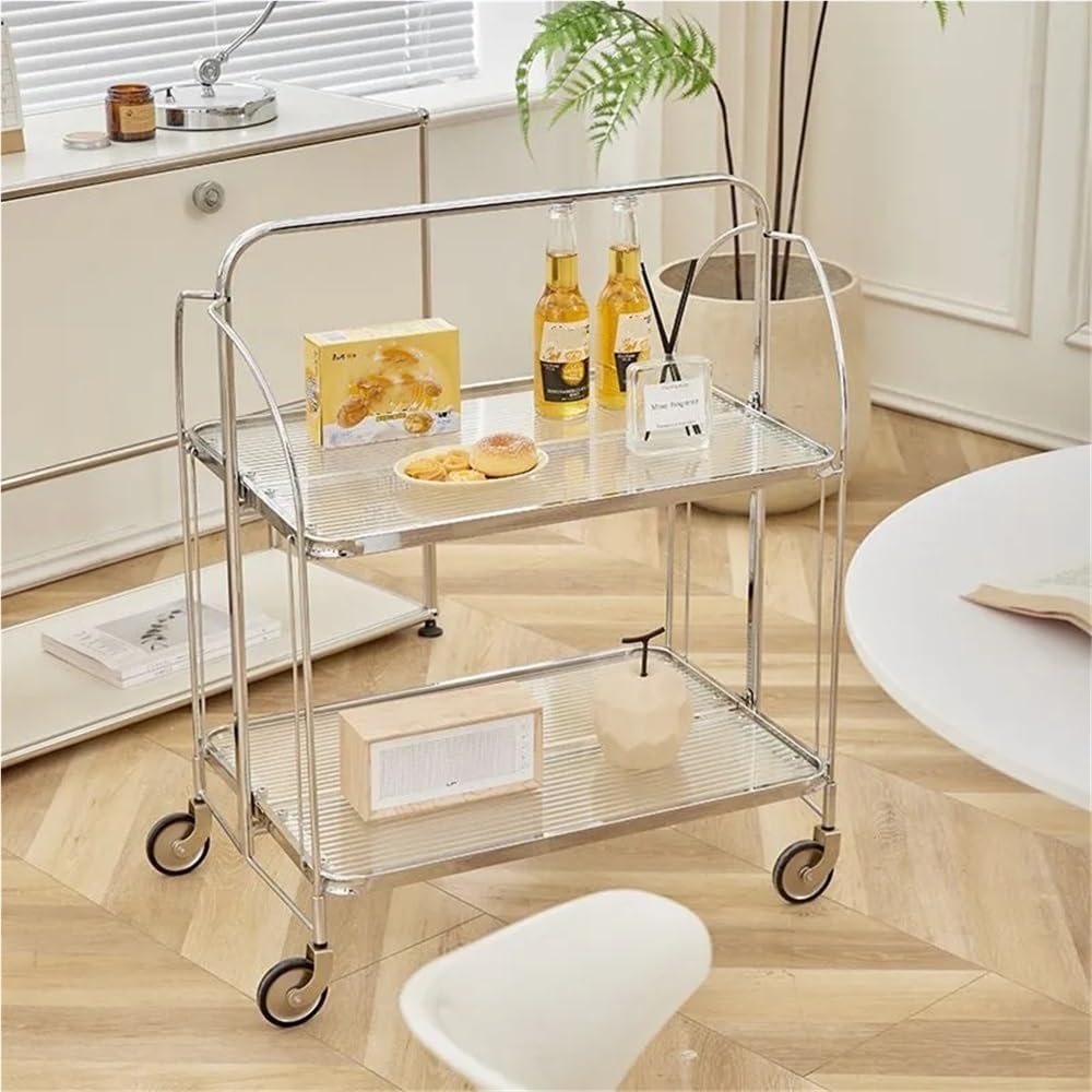 Folding Side Table with Tempered Glass Top, Double Layer Minimalist Rolling C...