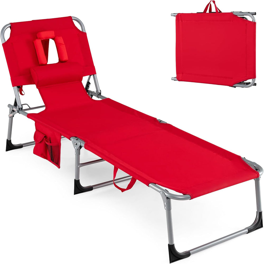 Goplus Tanning Chair, Folding Adjustable Patio Lounger w/Face Arm Holes, 4-Po...