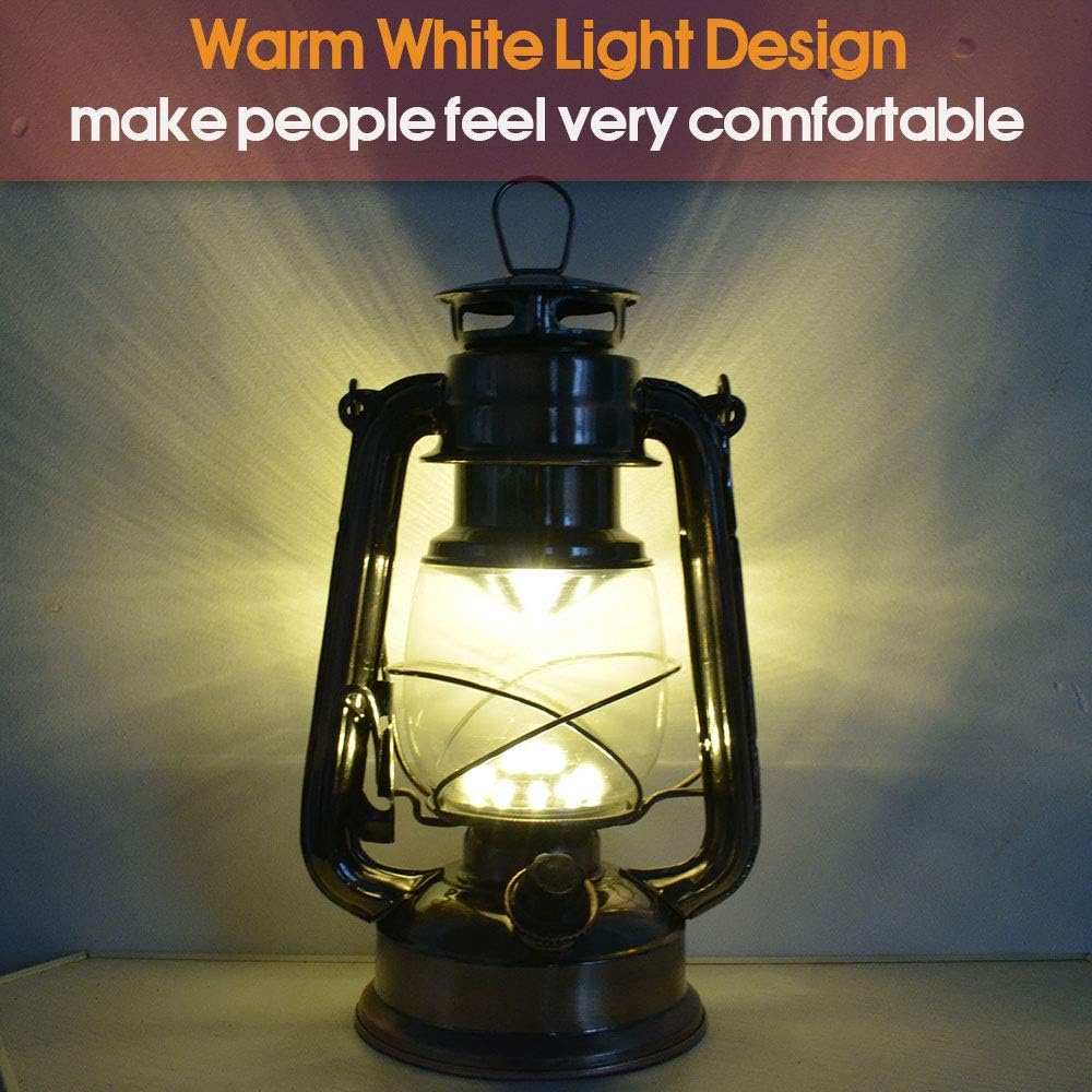 Vintage LED Hurricane Lantern, Warm White Battery Operated, Antique Metal Han...