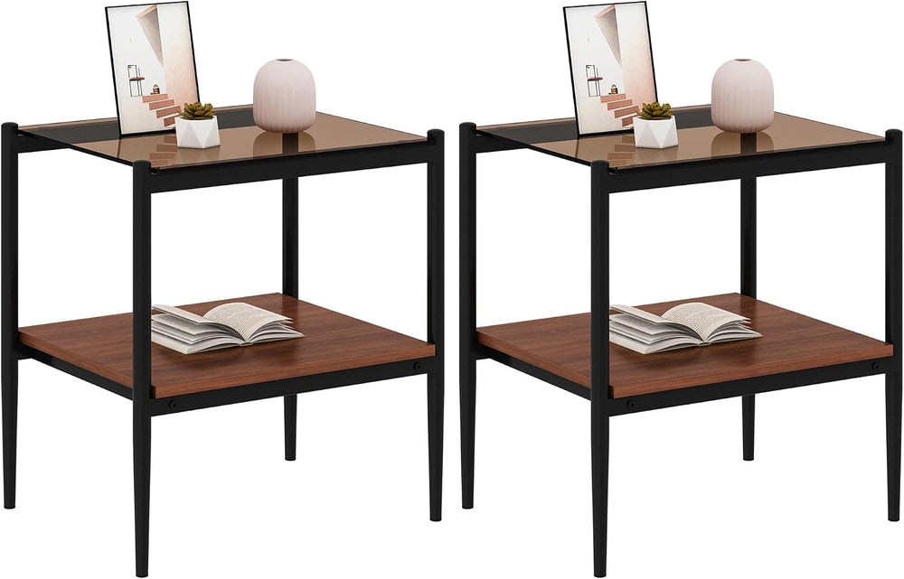 Set of 2 Rectangle End Tables, Tempered Glass Top, Brown | MDF shelf, iron le...
