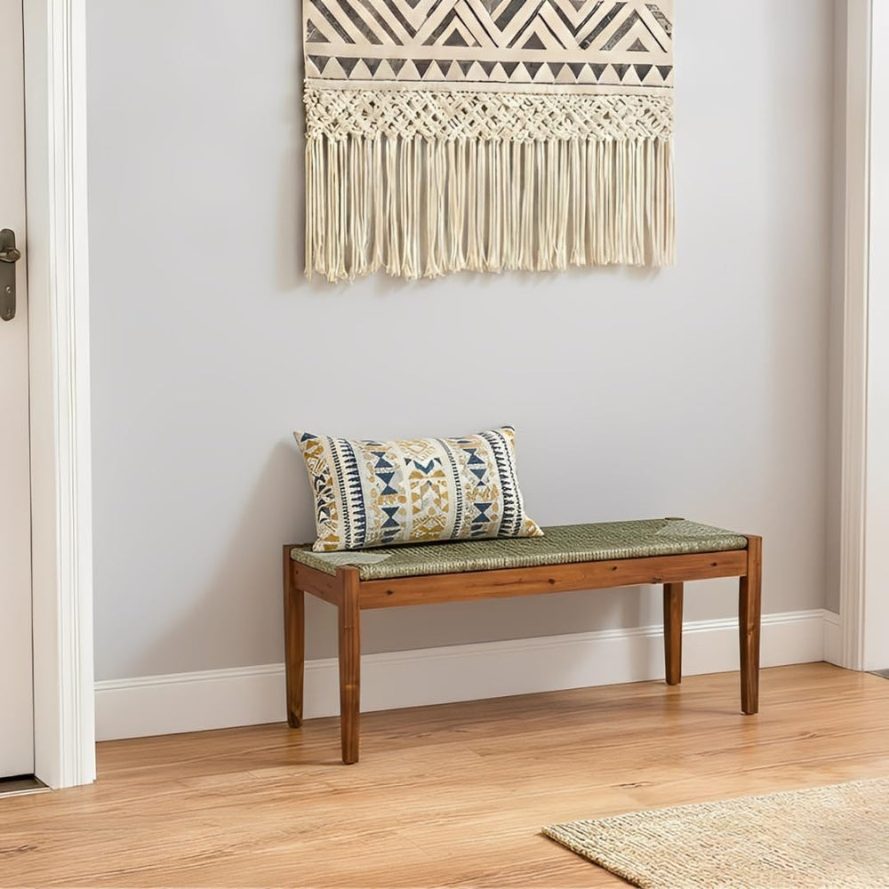 Solid Wood Acacia Indoor Bench with Natural Woven Seat, 45 Inch Wood Bench fo...