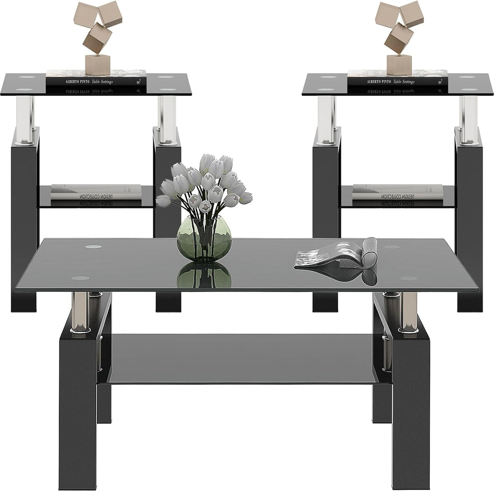 ODUSE-DAILY All Black Glass Coffee Table Set of 3 Piece, Living Room Table Se...