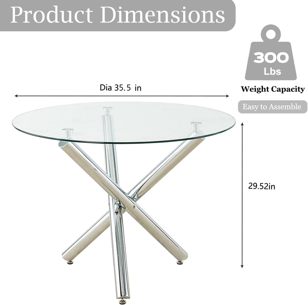 Round Glass Dining Room Table for 2-3, Modern Tempered Glass Top, Sturdy Chro...