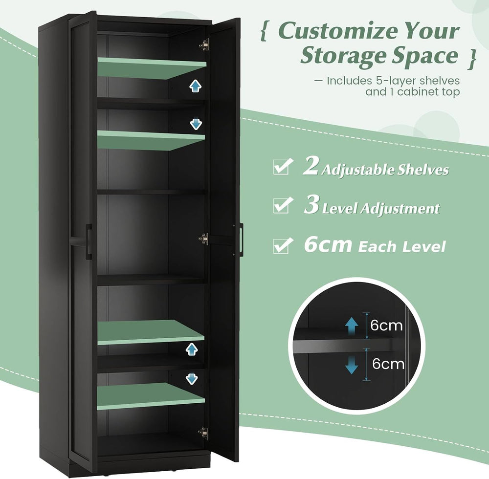 TANGZON Tall Kitchen Cupboard, 5-Tier Storage Cabinet with 2 Adjustable Shelv...