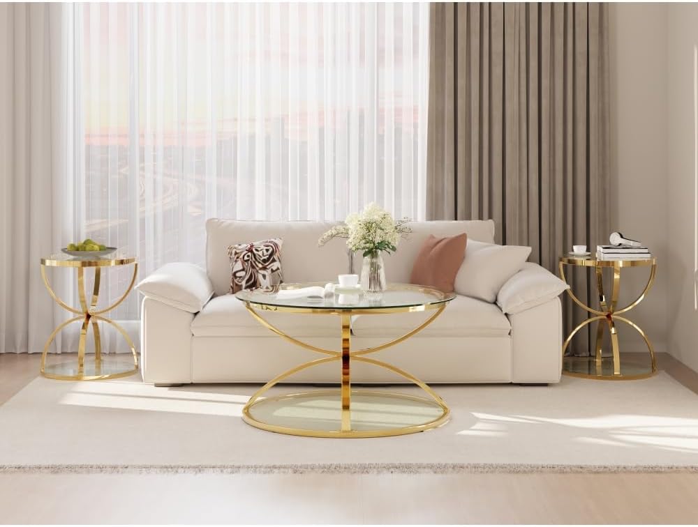 Round Coffee Table Set of 2, Gold Metal Frame with Clear Tempered Glass | Rin...