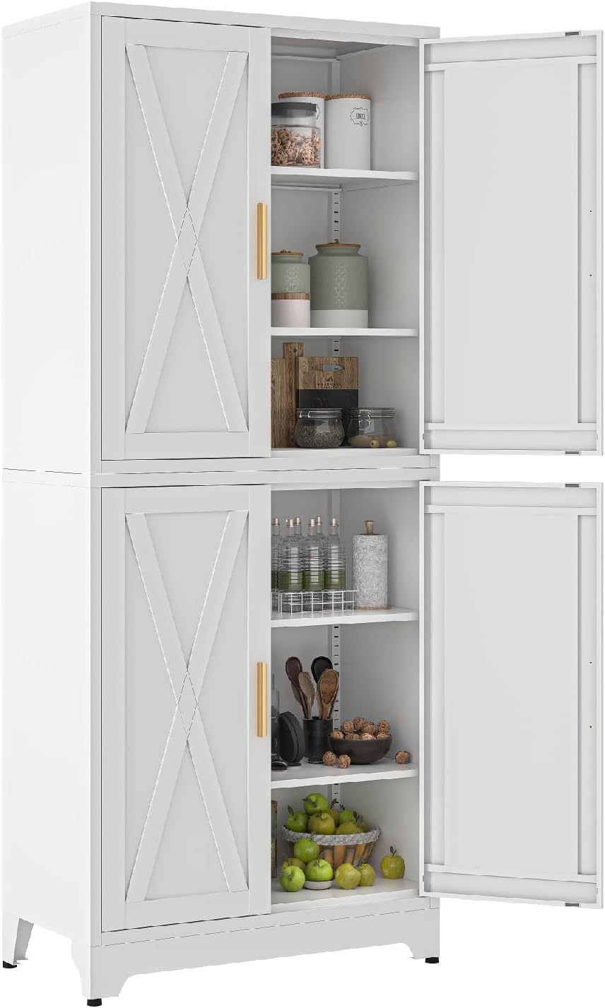 Metal 2-in-1 Combination Kitchen Pantry Cabinet, 75" Tall Farmhouse Stan...