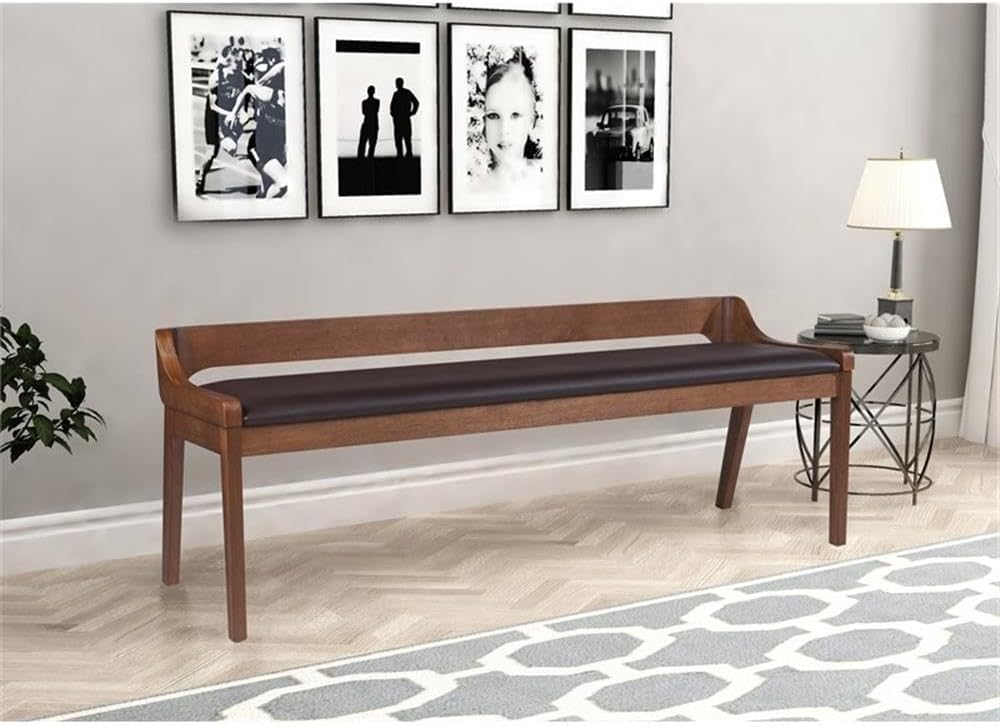 MAKLAINE Mid-Century Rubberwood Dining Bench, Chestnut Wire-Brush Finish, Fau...