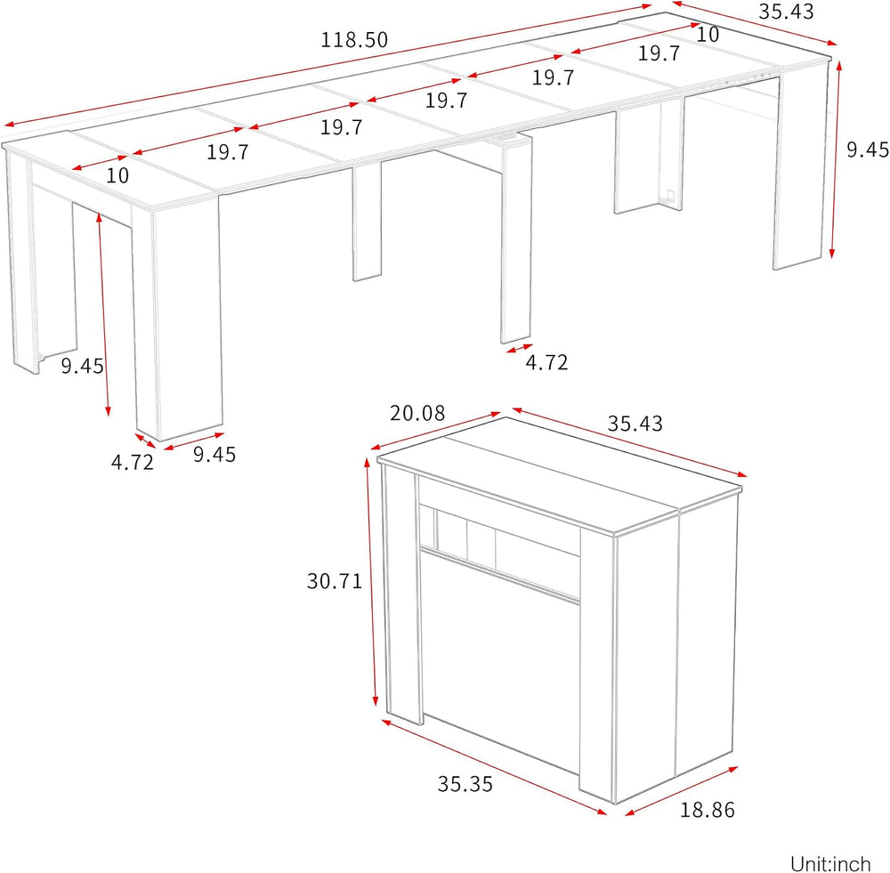 Extendable Dining Table with Built-in Power Outlet, 118” Expandable Dining Ta...