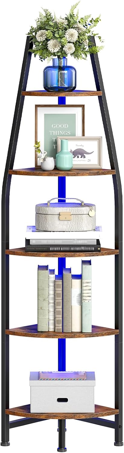 CHOEZON Corner Shelf with Lights, Corner Bookshelf with Metal Frame, 5-Tier T...