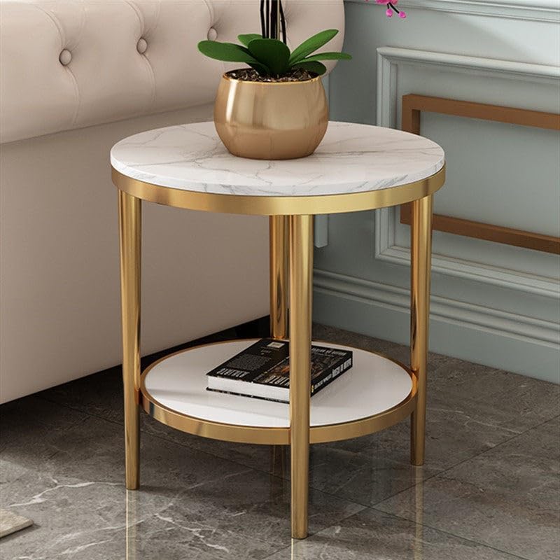 Bedside/Sofa Side Table: Stainless Steel & Marble Two-Tier Small Round Ta...