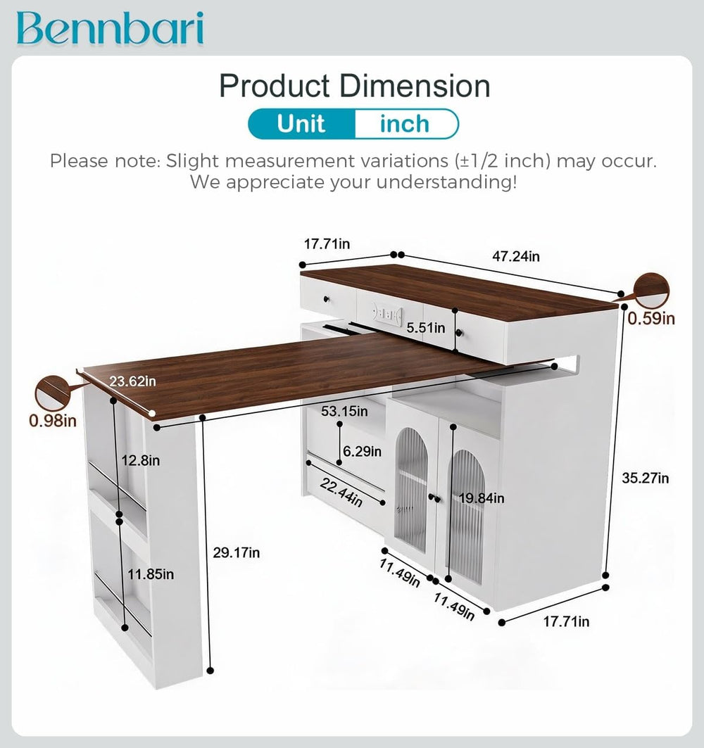 Retro Kitchen Island with Extendable Rotating Tabletop, Power Outlets, Glass ...