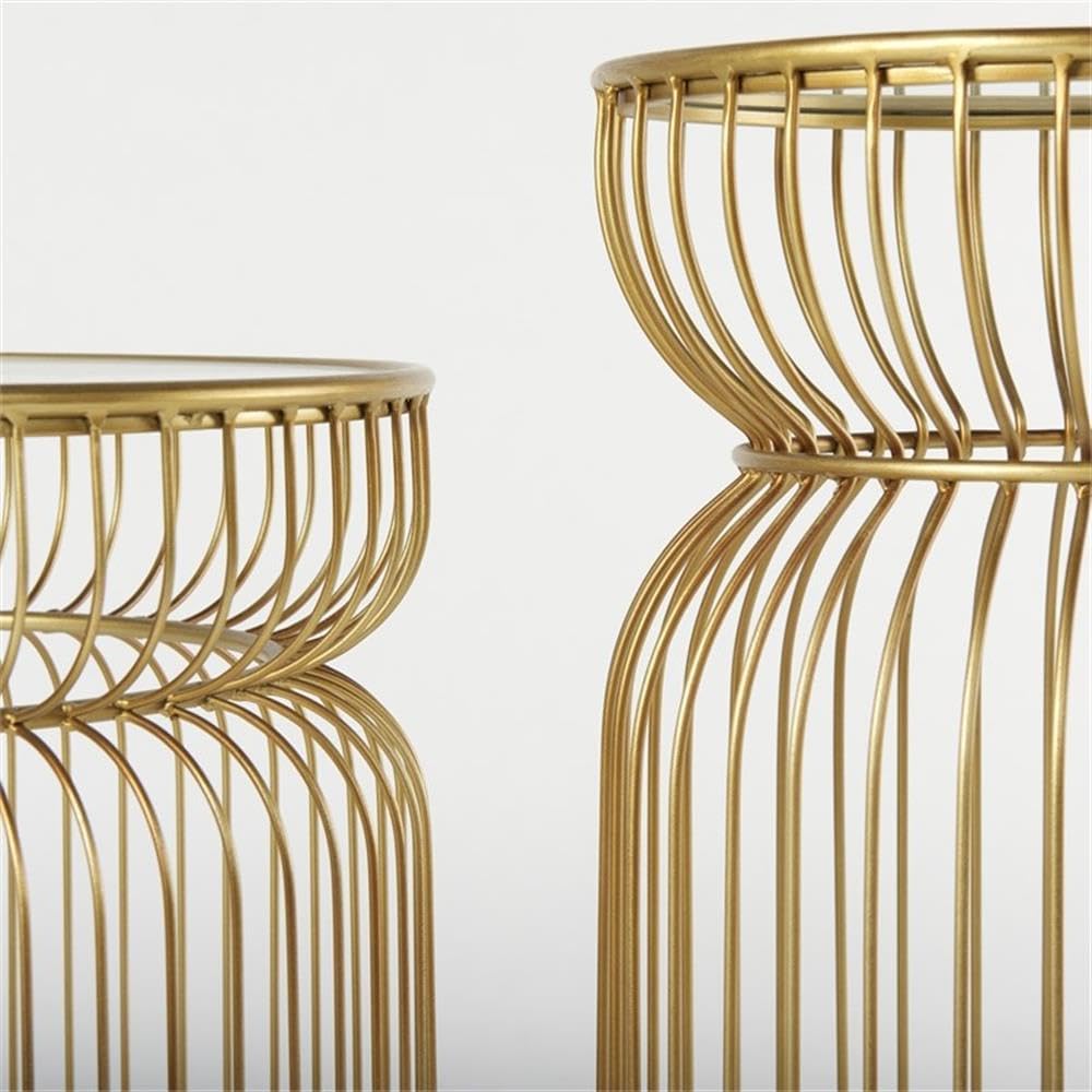 Pemberly Row Set of 2 Round Metal Accent Tables, Gold Cage-Like Base, Tempere...