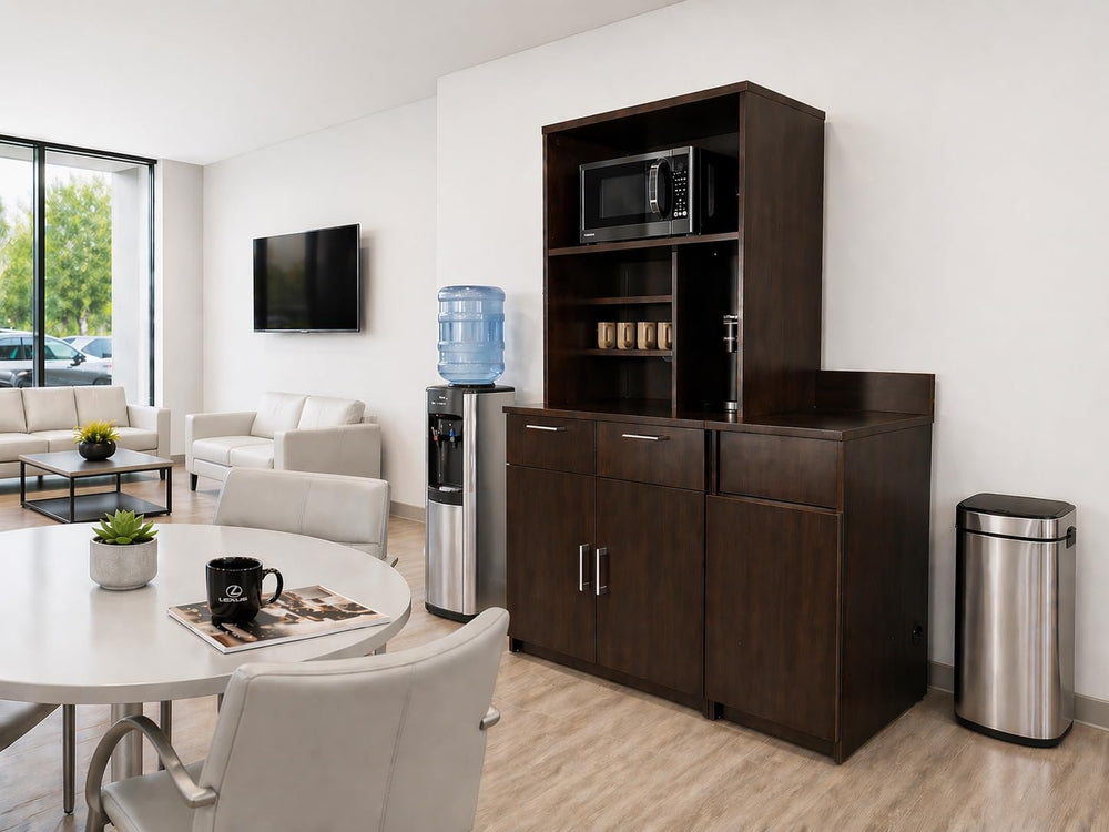 BREAKtime Compact Hutch Cabinet with Door Storage, Microwave Space and Trash ...