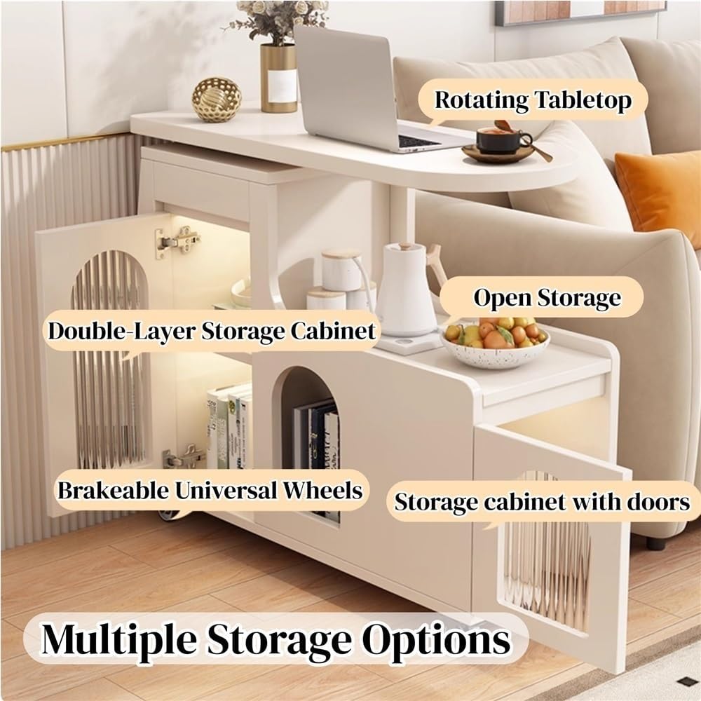 Swivel Trays Side Table with Storage, Mobile End Table on Lockable Wheels, Sp...