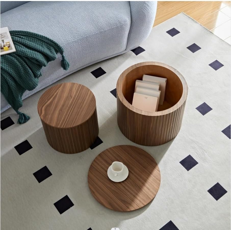Round Nesting Coffee Table Set of 2, 19.17”Wood Side Tables with Storage | Mo...