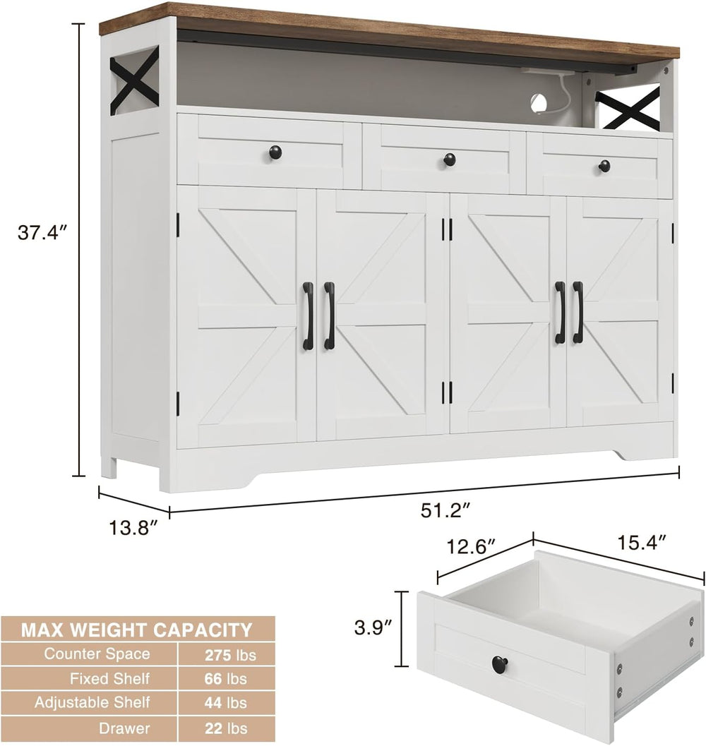 51" Farmhouse Buffet Sideboard Cabinet with Storage, White Kitchen Stora...