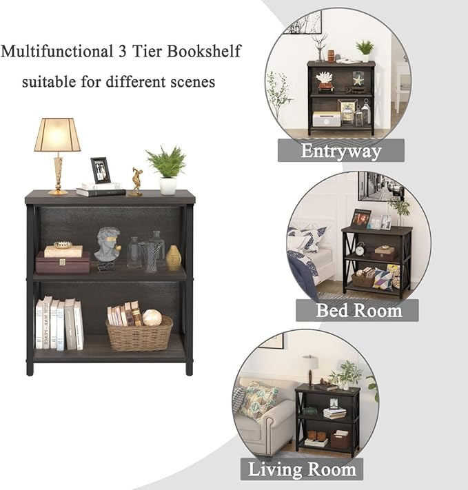 FATORRI Rustic Small 3 Shelf Bookshelf for Living Room, Industrial Low Wood B...