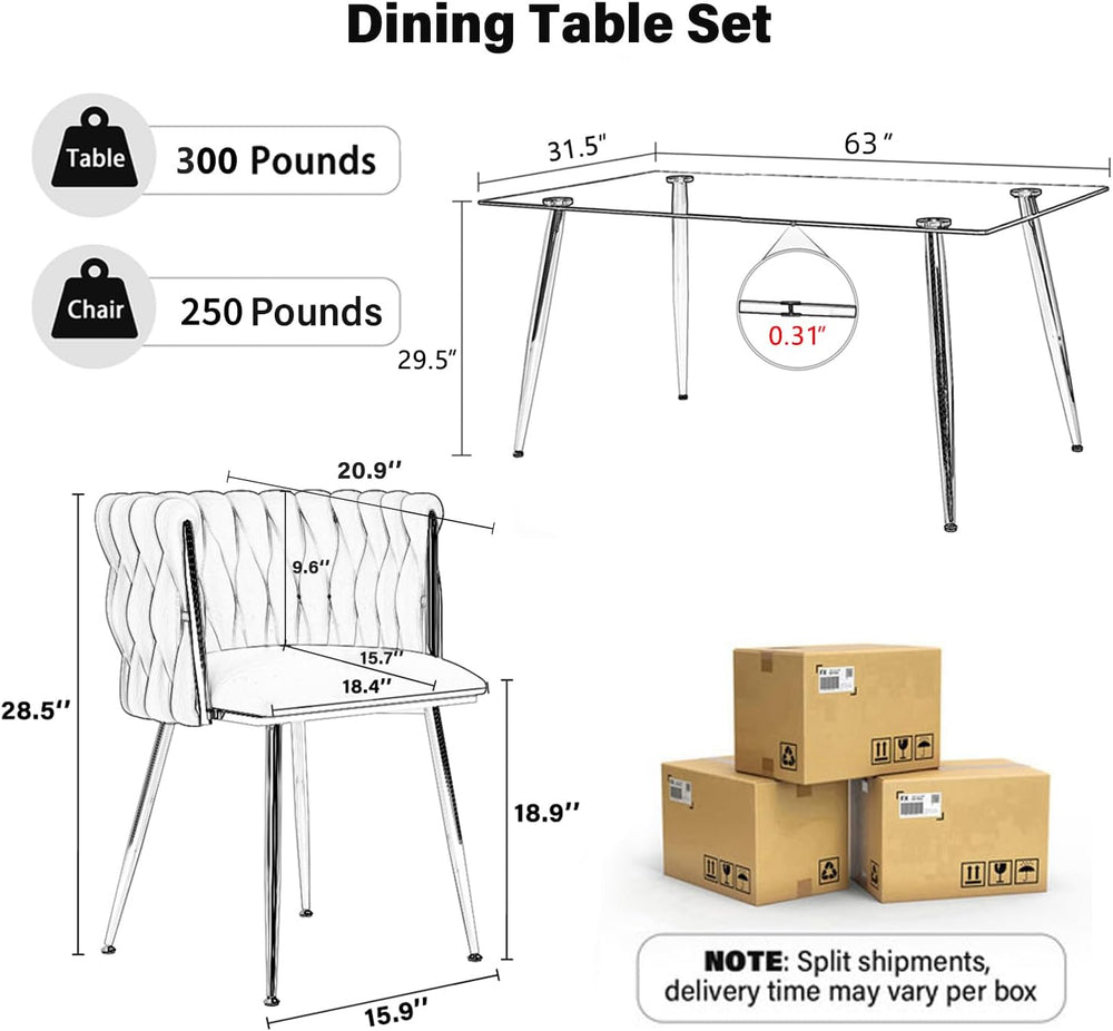 Baysitone 63" Modern Glass Dining Table with 4 Hot Pink Velvet Dining Ch...