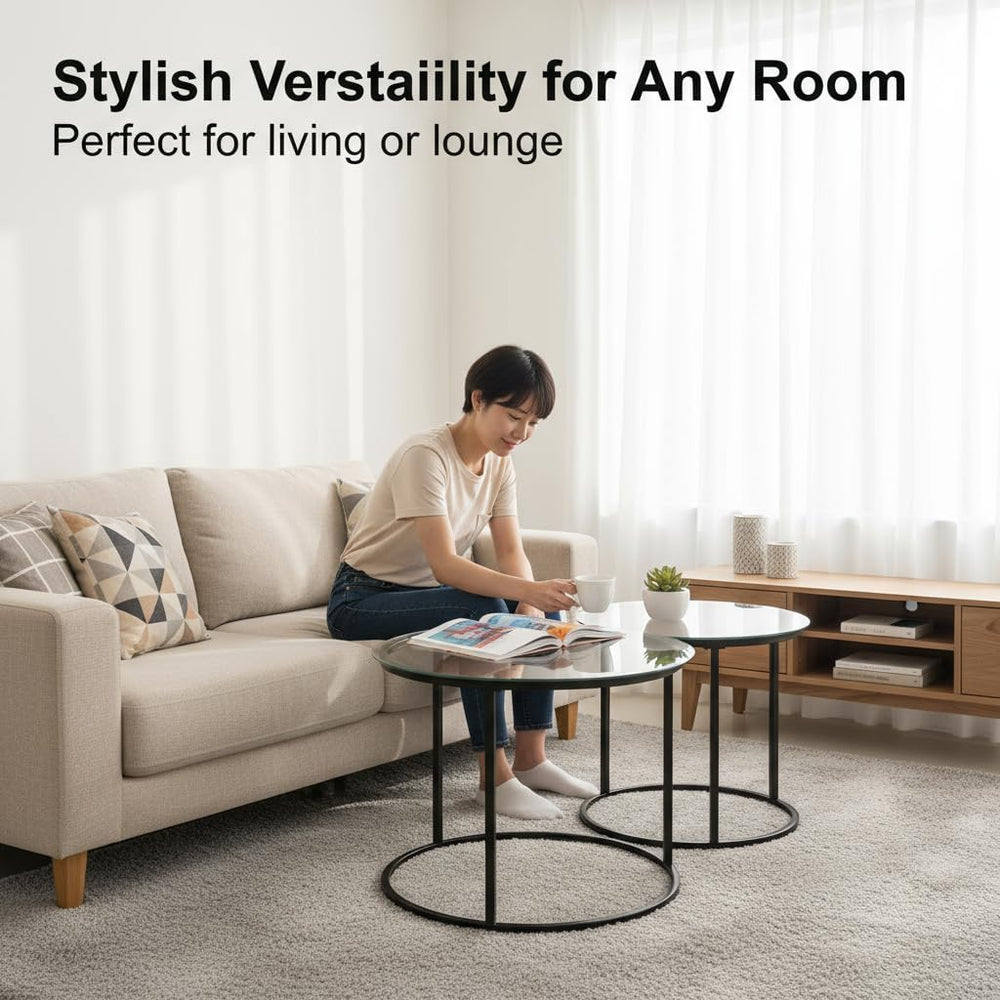 Round Nesting Coffee Table Set of 2, Glass Stacking Minimalist End Table