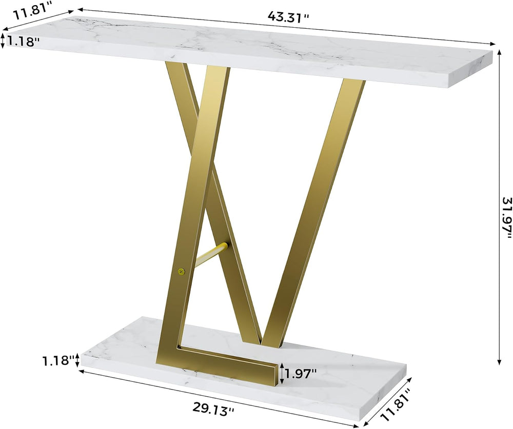 43.3" Gold Console Table, Modern Entryway Table with White Faux Marble T...