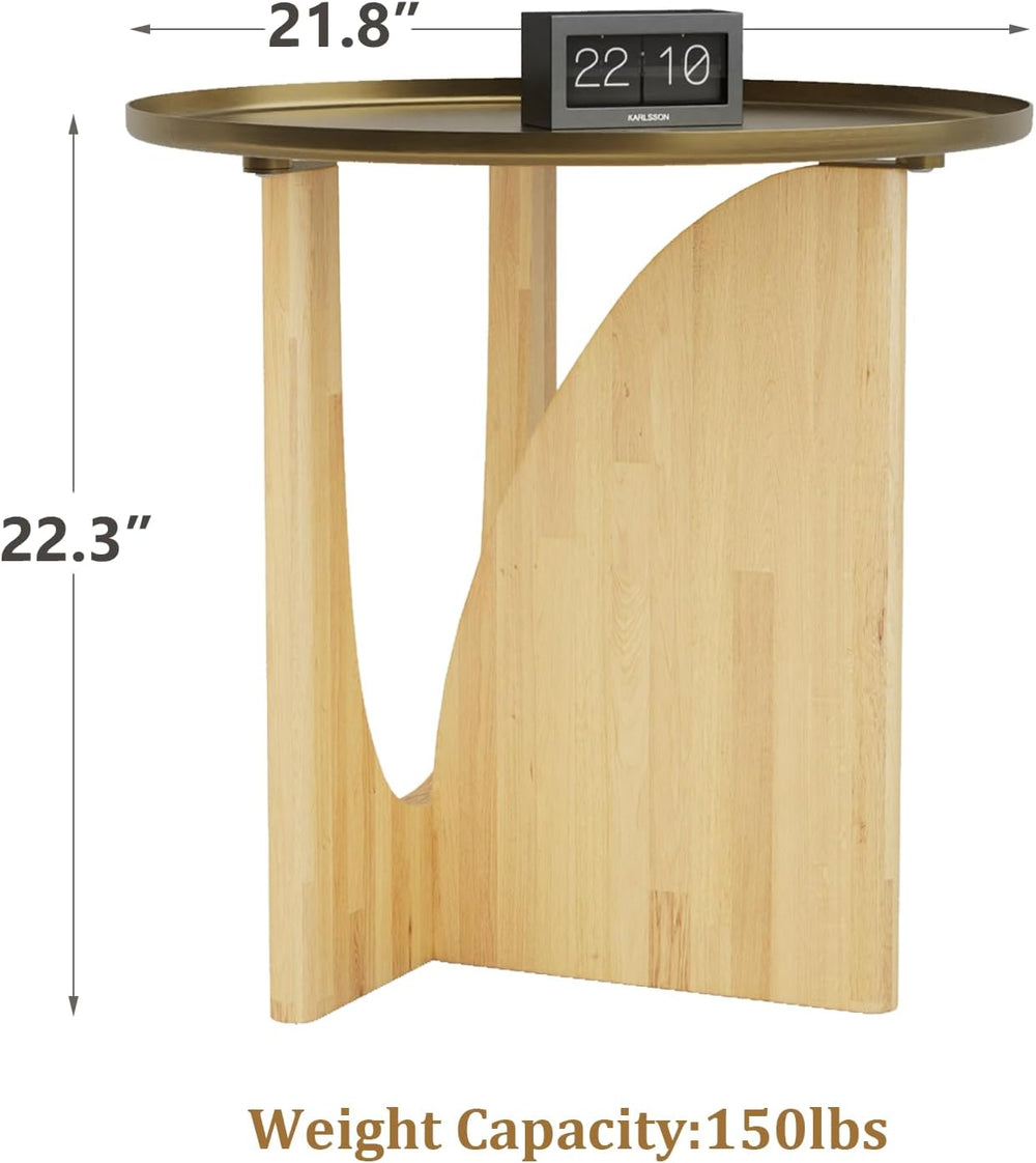 ACEDÉCOR Round Side Table, Solid Wood End Table with Brushed Gold Metal Tray ...