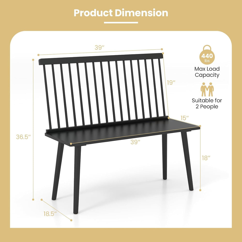 Giantex Dining Bench with Back, Black Windsor Bench with Spindle Back & A...