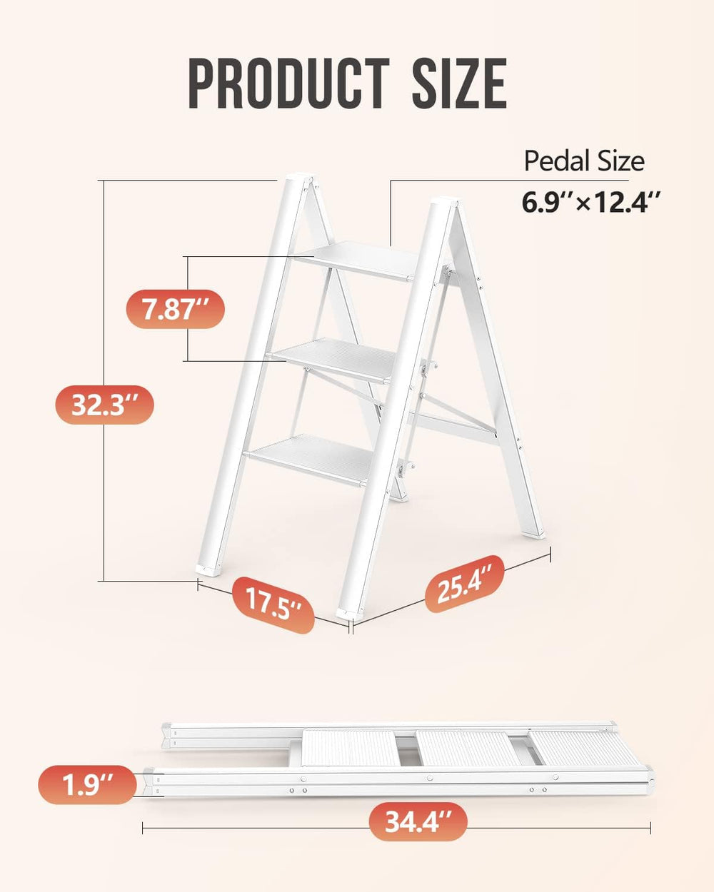 3 Step Ladder, Foldable Step Stool, 300lbs Load, White
