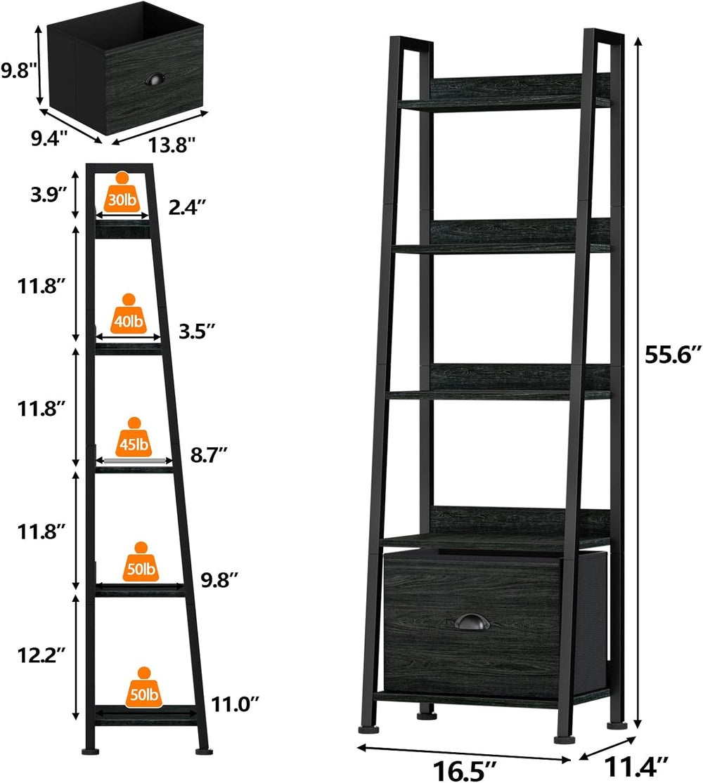 Furologee Ladder Shelf, 5 Tier Bookshelf with Fabric Drawer, Black Oak